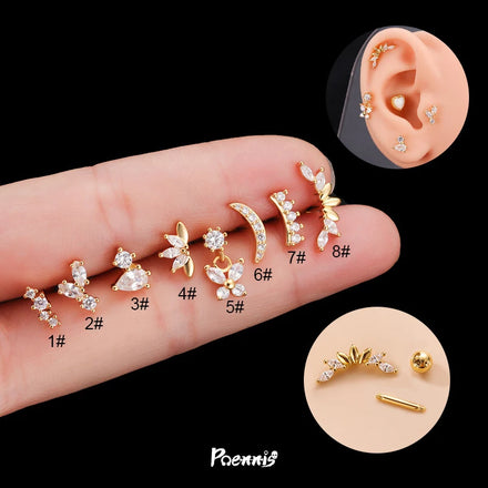 POENNIS Stainless Steel Double Screw Female Helix Earrings Stud Crystal Rhinestone Butterfly Crow Trendy Hypoallergenic