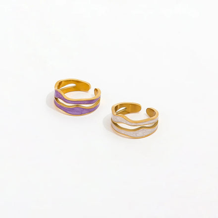High End 18K PVD Gold Plated White Purple Enamel Double-layer Open Rings Stainless Steel Jewelry Women Gift