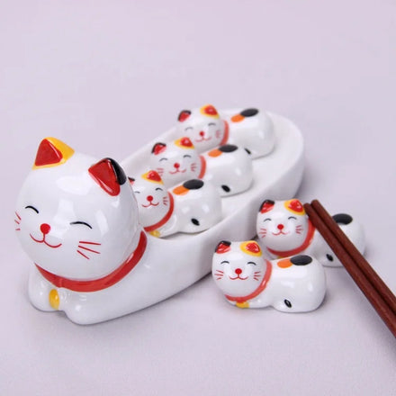 Hot Selling Ceramic Restaurant Plate Set with Lucky Cat Serving Trays and Chopsticks Holders 1 Plate + 5 Holders Per Gift Set