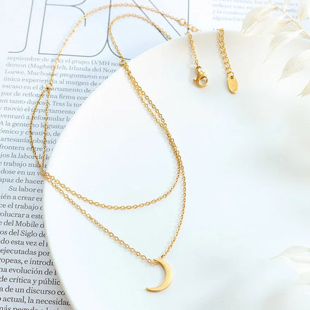 Fashion 18k Gold Plated Double Layered Moon Pendant Necklace Stainless Steel Moon Necklace Jewelry