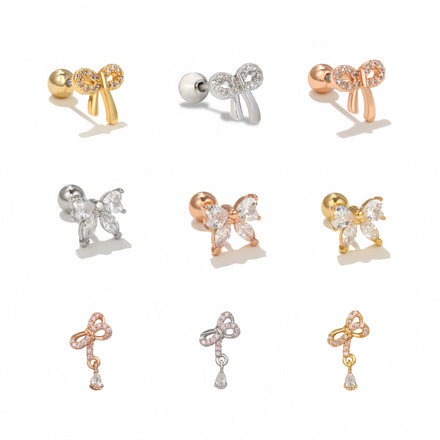 Fashion Zircon Jewelry Women Bowknot Earring Korean Bow Ear Bone Stud 18K Gold Plated Brass Piercing Screw Ball for Women