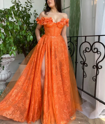 Custom Elegant Off Shoulder Appliques Split Front Wedding Gown Birthday Engagement Party Dress Plus Size Women Prom Evening Dres