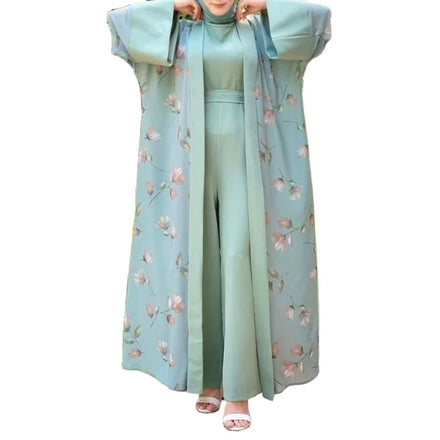 2023 New Style Floral Print Open Abaya Jumpsuit Sets 2-Piece Islamic Clothing for Muslims Fashionable Dubai-inspired Polyester