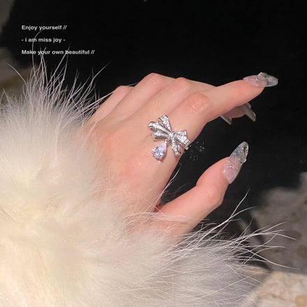 New Fashion CZ Silver Open Adjustable Bowknot Small Zircon Female Ring for Women Jewelry Gift