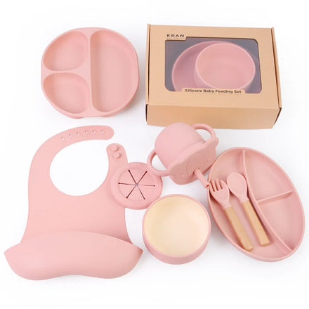 Customizable BPA Free Reusable Food Grade Silicone Baby Feeding Set with Placemat Bib Plate Bowl Spoon Cup Heat-resistant