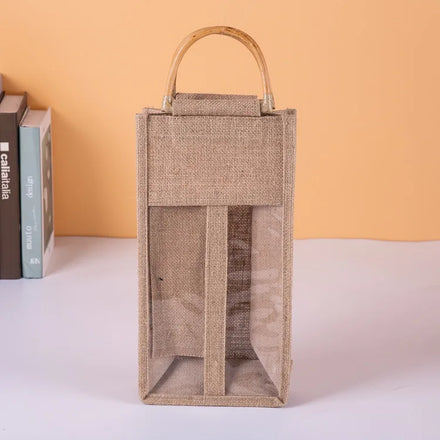 Custom Logo Single Bottle Black Wholesale Gift Drawstring Jute PVC Window Wine Tote Bag 33*17*10cm