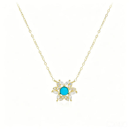 Customize Luxury 18K Solid Gold Turquoise Pendant Necklace Lucky Blue Stone Necklace for Women Flower Zircon Charm Fine Jewelry
