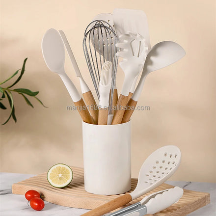 Manjia 2023 Kitchen Cooking Utensil Set White Silicone Kitchenware Set With Wooden Handle Heat Resistant