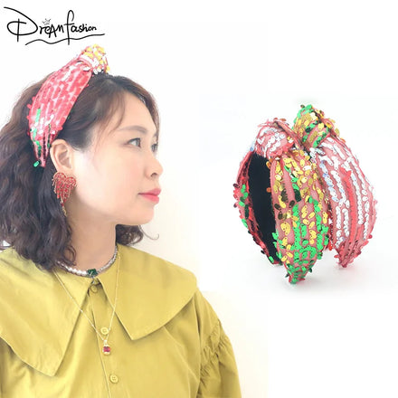 Popular Design Luxury Rainbow Sequin Sparkly Custom Red Gold Green Top Knotted Headband for Women Hair Band