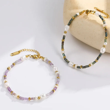 Classic Fresh Water Pearl Beaded Bracelets Green Natural Stone Purple Crystal Gold Solid Bead Stainless Steel Bracelets
