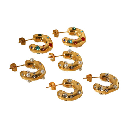 New INS 18K Gold Plated Stainless Steel Party Stud Earrings AAA Zircon Hammer Pearl CC Shaped Jewelry for Women