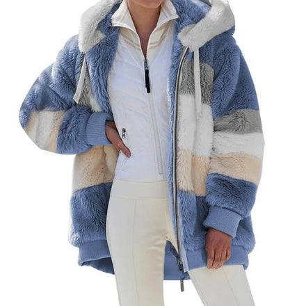 Warm Ladies Jacket Autumn Winter Long Sleeve Women Coat Plus Size Winter 2023 Color Block Zipper Fluff Hooded Coats