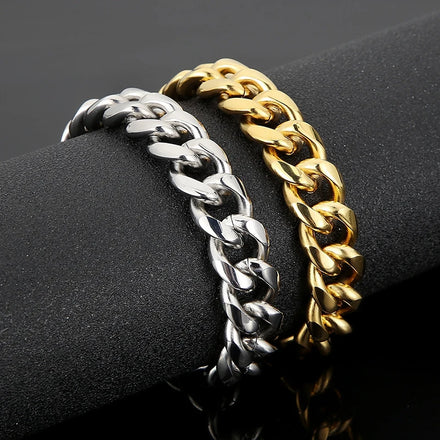 15mm Bold Stainless Steel Cuban Link Bracelet 18K Gold Plated Rounded Curb Chain Hip Hop Men's Jewelry Wholesale