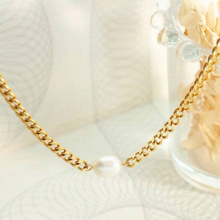 18k Gold Plated Stainless Steel Thick Chain Link Necklace Natural Freshwater Pearl Choker Necklace