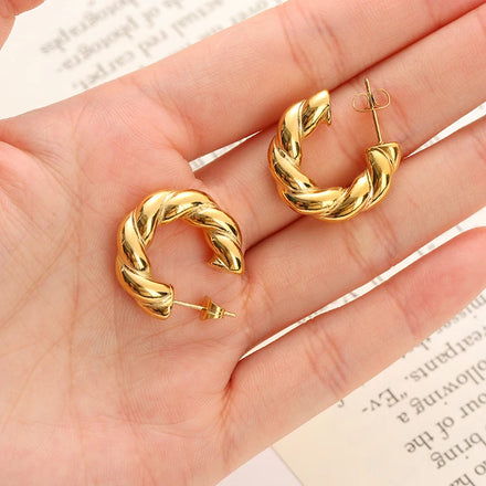 Wholesale 18K PVD Plating 316L Stainless Steel Hoop Earrings Fashionable Geometric Trendy Twisted Texture Waterproof Jewelry for