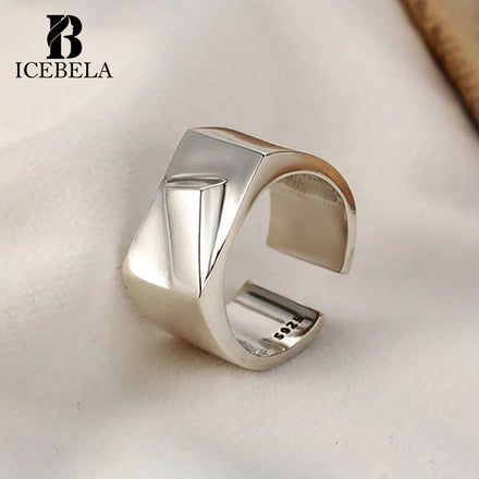 ICEBELA S925 Geometric Ring Ins Sterling Silver Vintage Style Smooth Custom Adjustable Ring for Girls