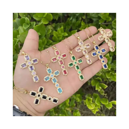 Luxury Gold Crystal Rhinestone Necklace Fashion Stainless Steel Chain Jewelry Religious Catholic Christian Cross Pendant Gift