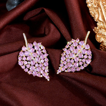 Romantic Pink Round Cubic Zircon Stone Brides Luxury Chunky Leaf Shape Drop Dating Earrings for Women 18k Gold Color Jewelry