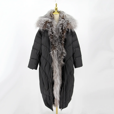 QIUCHEN QC22096 2022 Women Casual Winter Thick Puffy Goose Down Long Coat with Real Fox Fur Collar Acrylic Lining