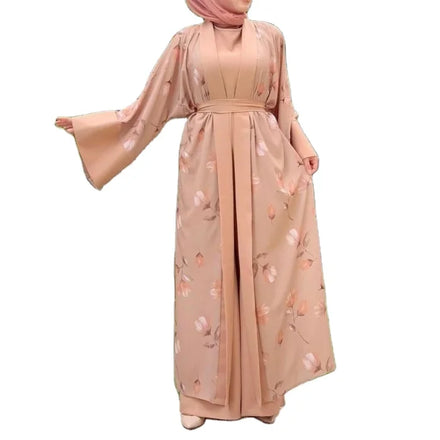 2023 New Floral Print Abaya Dress Front Open Cardigan Style Islamic Kimono Thobe Dubai Kaftan Made Polyester for Adult Muslims