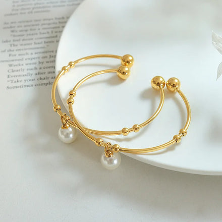 Vintage Stainless Steel Imitation Pearl Openings Bangle For Women