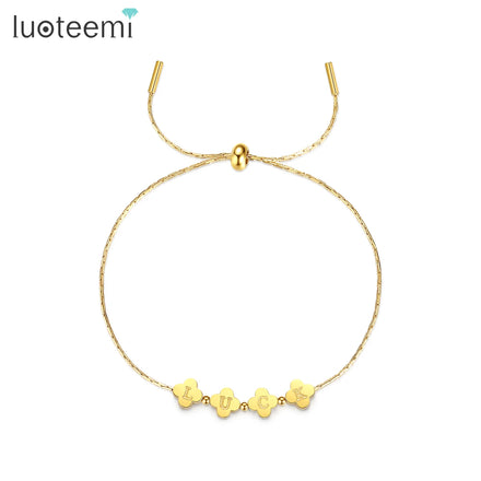 SP-LAM Letter Bead Charm Woman Stainless Steel Gold Beaded Adjustable Slider Bangle Jewelry Bracelet