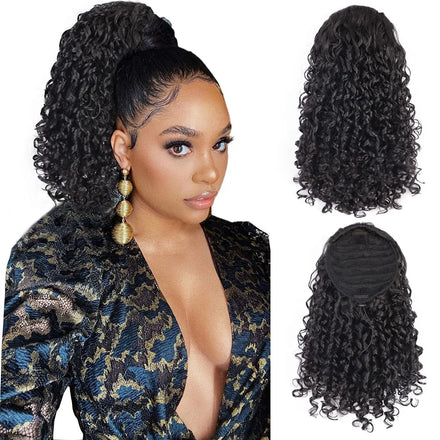 Black Curly Ponytail Extension Drawstring Ponytails for Black Women Synthetic Hair Extensions Curly Ponytail with 2 Clips