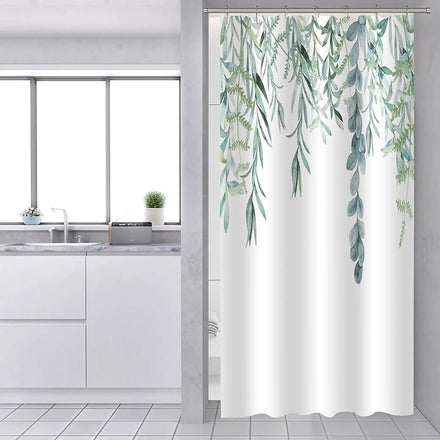 3D Printing Washable Waterproof Cloth Plant Leaf Fabric Green Shower Rod Curtain with 12 Hooks