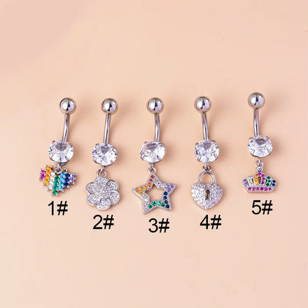 1.6X10mm External Stainless Steel Women's Belly Button Rings Colorful Star Heart Zircon Dangle Navel Earrings Wedding
