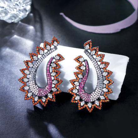Expensive Pink Red Micro Cubic Zirconia Pave Symmetrical Peacock Shape Women Classy Drop Earring for Wedding Party Wear Jewelry