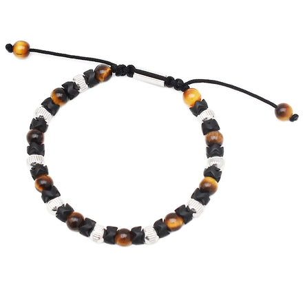 Fashion Trendy 6MM Yellow Tiger Eye Wave Black Hematite Beaded Bracelet Men Stainless Steel Jewelry Adjustable Daily Anniversary