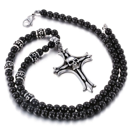 Kalen 700mm Glass Beaded Necklace With Stainless Steel Punk Skull Charm Cross Pendant