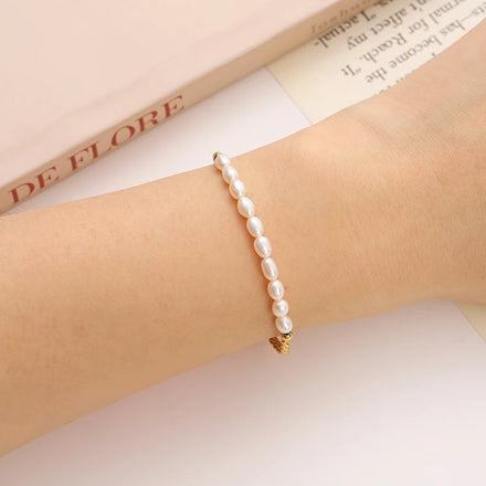 Simple 316 Stainless Steel 18K PVD Plating Half Freshwater Pearls Half Chains OT Buckle Bracelet Waterproof Jewelry for Woman