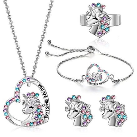 Fashion Letter Initial Jewelry Unicorn Colorful Heart Pendant Unicorn Necklaces Bracelet Rings Earrings for Girls Women Gift