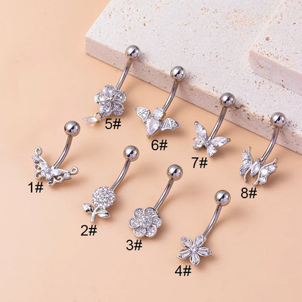Hengsen 1.6X10mm Silver Stainless Steel Belly Button Rings Flower Butterfly Zircon Externally Thread Navel Piercing Jewelry