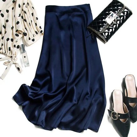 Summer Vintage Satin Elegant High Waist Office Lady Skirt