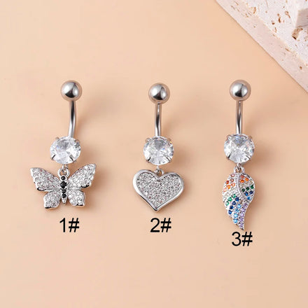 Hengsen Stainless Steel Belly Button Rings CZ Heart Butterfly Navel Dangle Externally Thread Ball Back Navel Piercing Jewelry