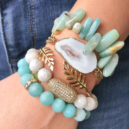 Olive Leaf CuffAgate Slices BraceletNatural Healing Crystal Quartz With Zircon Bar Bracelet Stack for Women New Design Gift
