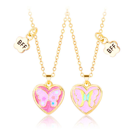 2Pcs/set Butterfly Pattern Necklace in Heart Colorful With Sprinkle Glitter Pendant Necklace Matching Best Friend Necklace