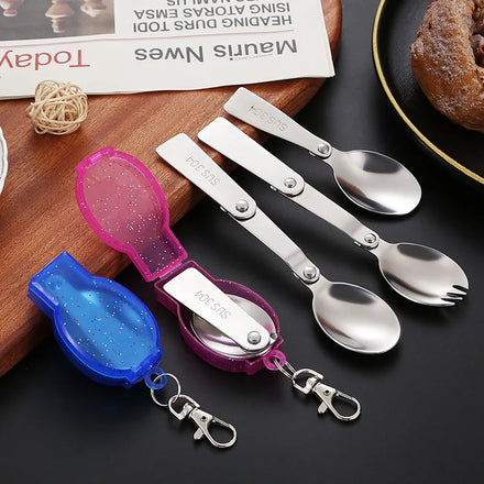 Portable Stainless Steel Spoon Fork Eco-Friendly Foldable Keychain Tableware for Camping Picnic Small Outdoor Pocket Utensil