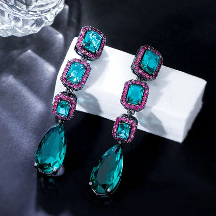 Elegant Water Drop Green Crystal and Rose Red Cubic Zircon Long Dangle Drop Indian Party Wear Engagement Earrings for Women