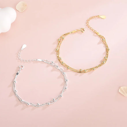 Fashion Jewelry 925 Silver Bracelet Women 925 Sterling Silver Gold Plated Double Chain Small Bead Bracelet Jewelry