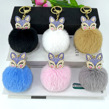 Fashion Fox Key Chains Cute Artificial Rabbit Hair Pompom Ball Inlaid Rhinestone Plastic Stainless Steel Durable Keychain Bag