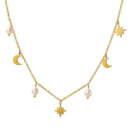 Wholesale Custom Women Jewelry 18K Gold Plated Stainless Steel Chain Link Moon Star Natural Freshwater Pearl Charm Necklace