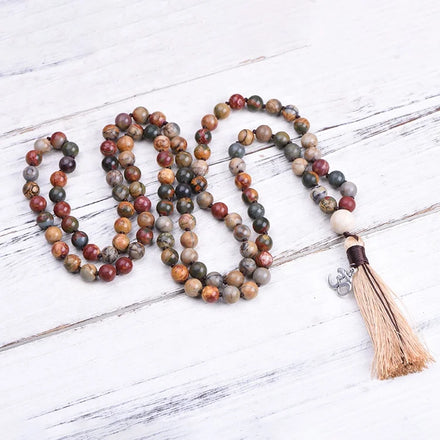 Fashion Picasso Jasper Round Stone 108 Mala Beads Yoga Necklace Jewelry Knotted Long Tassel Pendant Necklace