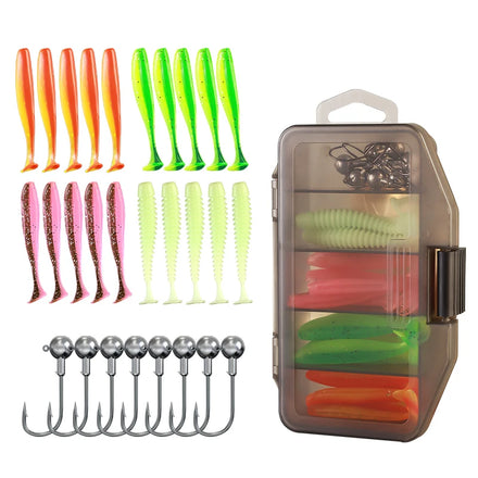 33pcs 15*8.5*3cm 147g Bass Worms Paddle Tail Soft Plastic Bionic Bait with Jig Hook Swimbait Fishing Lure Set