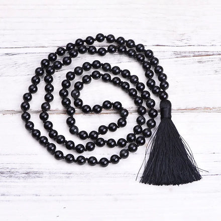 Wholesale Black Obsidian Beaded Necklace 108 Mala Beads Prayer Necklace Natural Gemstone Long Tassel Necklace