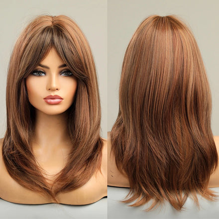 Factory Fast Delivery Synthetic Women's synthetic fashion wig brown red mixed natural straight hair heat resistance wigs