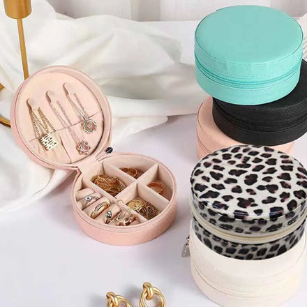 Custom Logo Ring Earring Necklace Jewellery Packing Case Display Portable PU Leather Travel Round Jewelry Storage Box Organizer