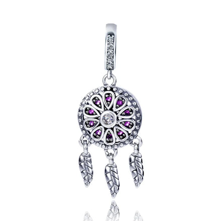 Factory Wholesale 925 Sterling Silver Dreamcatcher Charm Purple Zircon Feather Dangle Fit Original Bracelet for Women Gift